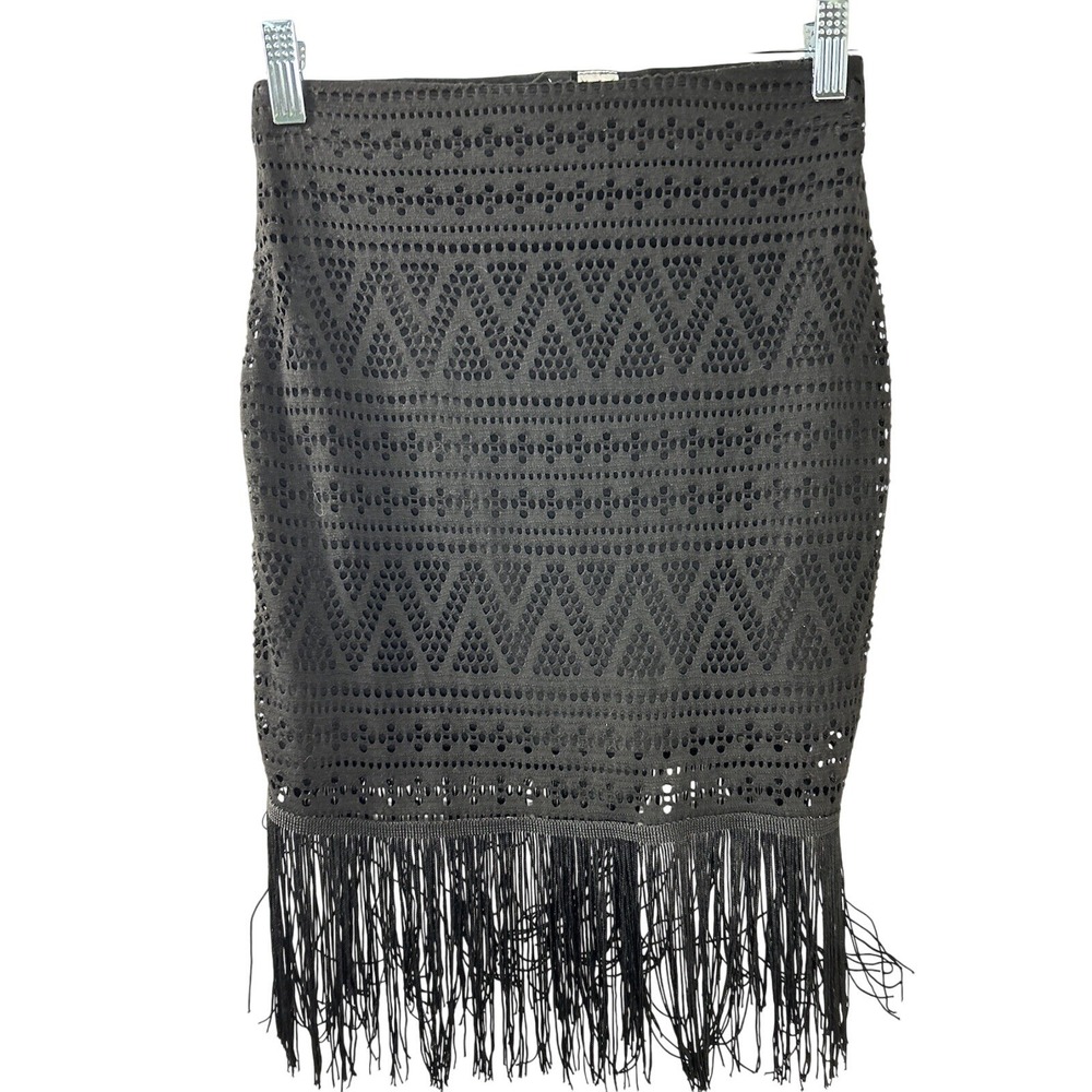 H&M Divided Geometric Eyelet Lace Skirt 4 Black Fringe Hem Boho Festival Goth